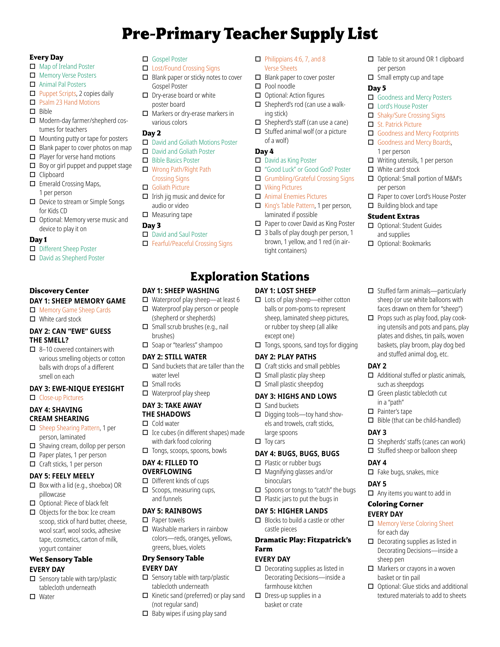 Pre-Primary Teacher Supply List